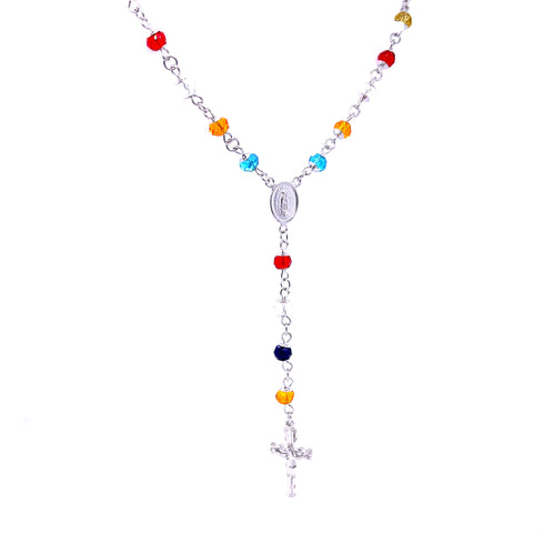 The Rosary Multicolor Crystal Beads Necklace, filled with white gold and adorned with a silver medallion and crucifix, adds a vibrant touch.